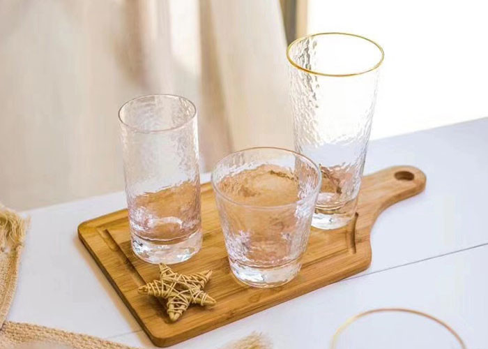 Round Glass Drinking Cup Sets With Gold On Cup Side For Juice And Wine